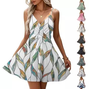 Женская мода повседневные платья с V-образным вырезом и бретелями без рукавов с цветочным принтом XL