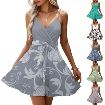 Женская мода повседневные платья с V-образным вырезом и бретелями без рукавов с цветочным принтом XL