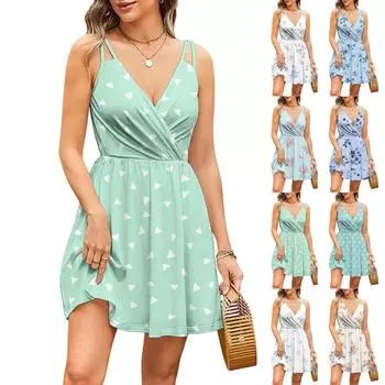 Женская мода повседневные платья с V-образным вырезом и бретелями без рукавов с цветочным принтом XXL