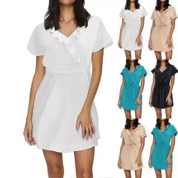 Женская мода повседневные платья-туники с V-образным вырезом и оборками L бежевый