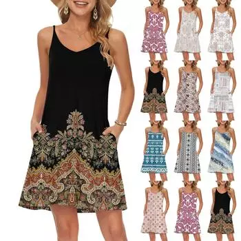 Женская мода повседневные пляжные платья винтажные цветочные принты с карманами платья L бежевый