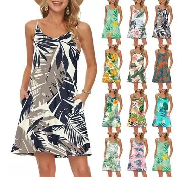 Женская мода повседневные пляжные платья винтажные цветочные принты с карманами платья L чёрный