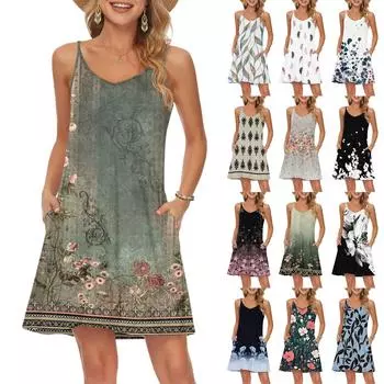 Женская мода повседневные пляжные платья винтажные цветочные принты с карманами платья L армия зеленый