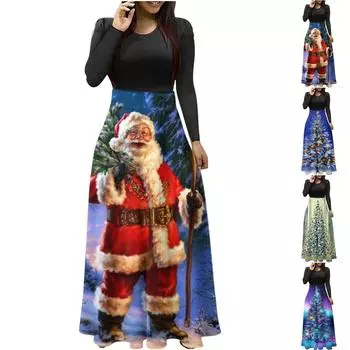 Женская мода, повседневные рождественские принты с круглым вырезом и короткими рукавами, длинные платья большого размера M фиолетовый