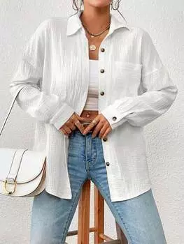 Женская мода Повседневные рубашки с длинными рукавами Женские однотонные свободные блузки Топы Удобные рубашки S хаки