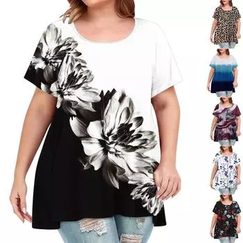 Женская мода, повседневные рубашки с принтом, свободные футболки с короткими рукавами и размерами, топы, туника, блузка с круглым вырезом XXXXXL красный