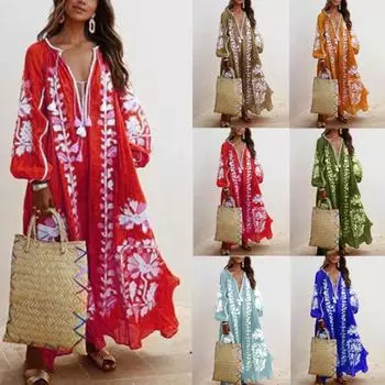 Женская мода повседневные свободные платья с v-образным вырезом и длинными рукавами с принтом XL