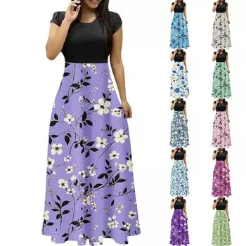 Женская мода повседневные свободные принтованные платья с круглым вырезом и коротким рукавом длинные платья с коротким рукавом длинные платья L армия зеленый