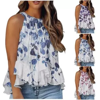 Женская мода, повседневные топы без рукавов с принтом и круглым вырезом, блузка с оборками, укороченный жилет XXL синий