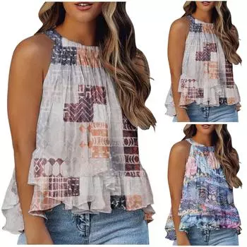 Женская мода, повседневные топы без рукавов с принтом и круглым вырезом, блузка с оборками, укороченный жилет L бежевый