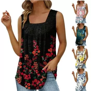 Женская мода, повседневные топы без рукавов с квадратным вырезом и цветочным принтом, свободные жилеты, блузки XXL чёрный