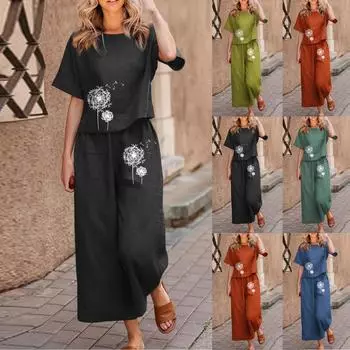 Женская мода, повседневные топы с круглым вырезом и принтом, брюки, костюм с короткими рукавами L чёрный