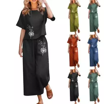 Женская мода, повседневные топы с круглым вырезом и принтом, брюки, костюм с короткими рукавами L чёрный