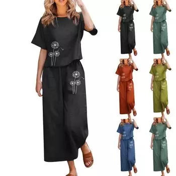 Женская мода, повседневные топы с круглым вырезом и принтом, брюки, костюм с короткими рукавами L чёрный