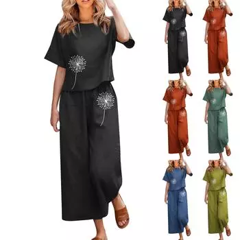 Женская мода, повседневные топы с круглым вырезом и принтом, брюки, костюм с короткими рукавами L чёрный