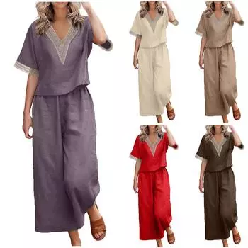 Женская мода, повседневные топы с круглым вырезом и принтом, брюки, костюм с короткими рукавами XXXL бежевый