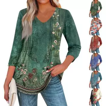 Женская мода повседневные топы с рукавом 3/4 плиссированные модные топы футболки M зелёный