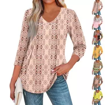 Женская мода повседневные топы с рукавом 3/4 плиссированные модные топы футболки XL