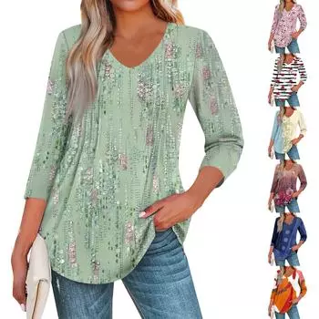 Женская мода повседневные топы с рукавом 3/4 плиссированные модные топы футболки L