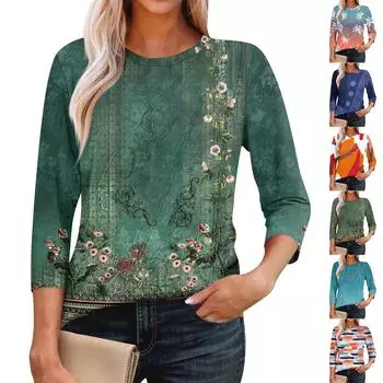 Женская мода повседневные топы с рукавом 3/4 плиссированные модные топы футболки L синий