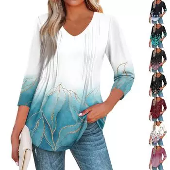 Женская мода повседневные топы с рукавом 3/4 плиссированные модные топы футболки S винный