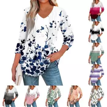 Женская мода повседневные топы с рукавом 3/4 плиссированные модные топы футболки S