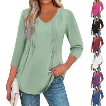 Женская мода повседневные топы с рукавом 3/4 плиссированные модные топы футболки L белый