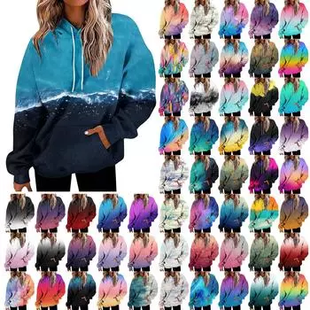Женская мода Повседневные Универсальные Повседневные толстовки с круглым вырезом Графика Повседневные с длинным рукавом Градиент Лоскутная верхняя одежда с принтом Толстовки L синий