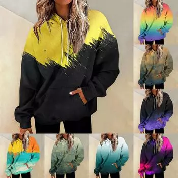 Женская мода Повседневные Универсальные Повседневные толстовки с круглым вырезом Графика Повседневные с длинным рукавом Градиент Лоскутная верхняя одежда с принтом Толстовки L циан