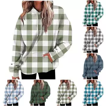 Женская мода Повседневные Универсальные повседневные толстовки с круглым вырезом Графика Повседневные с длинным рукавом Лоскутная верхняя одежда с принтом в виде решетки Толстовки XXXXL