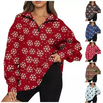 Женская мода повседневные универсальные повседневные толстовки с круглым вырезом и полумолнией, повседневные толстовки с длинным рукавом и рождественским принтом S белый