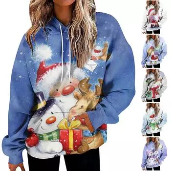 Женская мода повседневные универсальные повседневные толстовки с круглым вырезом с длинным рукавом с рождественским принтом XXXXXL
