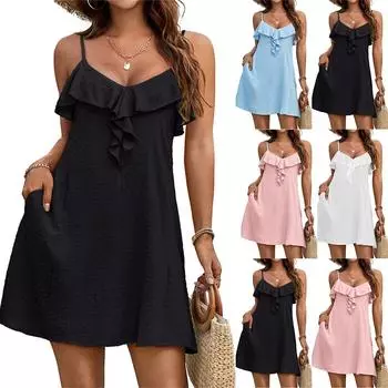 Женская мода повседневные V-образный вырез оборки повседневные прямые платья L чёрный