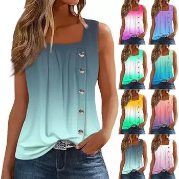 Женская мода, повседневный базовый плиссированный жилет без рукавов с квадратными пуговицами и принтом, летние майки L
