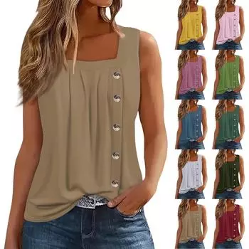 Женская мода, повседневный базовый плиссированный жилет без рукавов с квадратными пуговицами и принтом, летние майки S зелёный