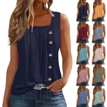 Женская мода, повседневный базовый плиссированный жилет без рукавов с квадратными пуговицами и принтом, летние майки M
