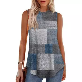 Женская мода повседневный безрукавка жилет винтажный принт круглый вырез без рукавов топ XXL синий