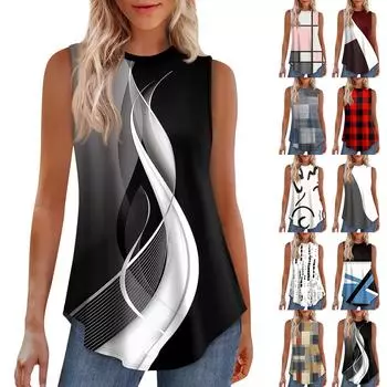 Женская мода повседневный безрукавка жилет винтажный принт круглый вырез без рукавов топ L чёрный