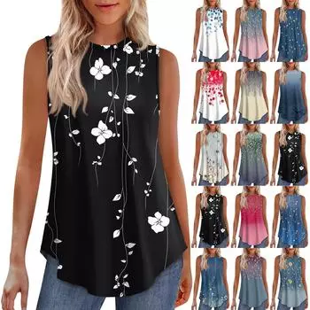 Женская мода повседневный безрукавка жилет винтажный принт круглый вырез без рукавов топ S синий