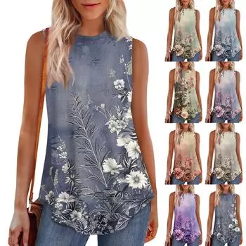 Женская мода повседневный безрукавка жилет винтажный принт круглый вырез без рукавов топ M