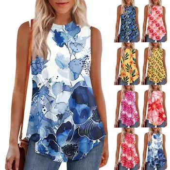 Женская мода повседневный безрукавка жилет винтажный принт круглый вырез без рукавов топ M киноварь