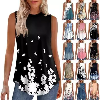Женская мода повседневный безрукавка жилет винтажный принт круглый вырез без рукавов топ M хаки