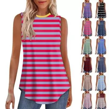 Женская мода повседневный безрукавка жилет винтажный принт круглый вырез без рукавов топ XXL синий