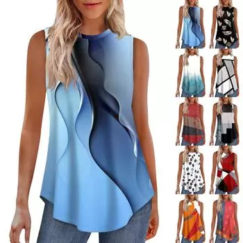 Женская мода повседневный безрукавка жилет винтажный принт круглый вырез без рукавов топ XXXL чёрный