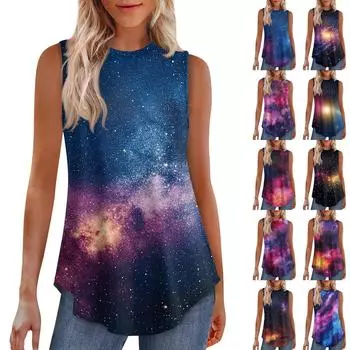 Женская мода повседневный безрукавка жилет винтажный принт круглый вырез без рукавов топ L чёрный