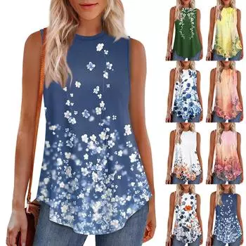 Женская мода повседневный безрукавка жилет винтажный принт круглый вырез без рукавов топ M