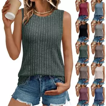 Женская мода повседневный безрукавный круглый вырез тонкий полосатый топ L армия зеленый