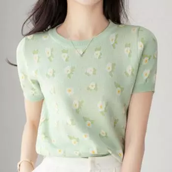 Женская мода повседневный цветочный принт лето весна короткий рукав О-образный вырез топ S бледно-зеленый