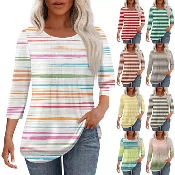 Женская мода повседневный цветочный принт плиссированный круглый вырез повседневный рукав три четверти весна и лето топ L