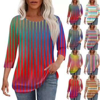 Женская мода повседневный цветочный принт плиссированный круглый вырез повседневный рукав три четверти весна и лето топ L